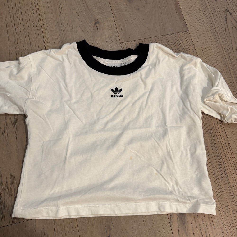Adidas Originals Womens Ringer T-Shirt Cream Black Trefoil Logo Crop Top Size M